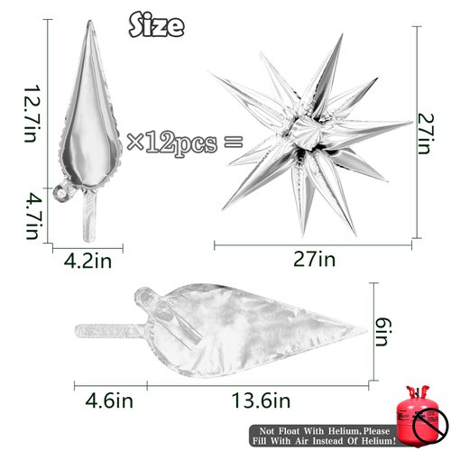 Moukiween 60 PCS Silver Star Balloons, 12 Point Spike Explosion Star Foil Balloons for Birthday Party New Year, Christmas, Graduation, Baby Shower Party Decoration (Silver)