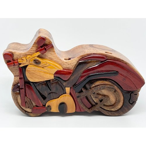 Motorcycle Wooden Puzzle Box - Hand Carved Wood Trinket Box - All Natural Intarsia Wood Art