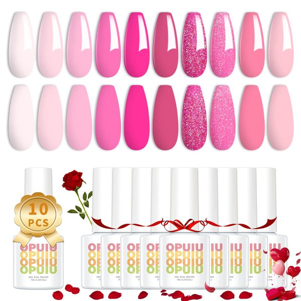 OPUIU Gel Nail Polish Set - 10 Colors Pink Glitter Gel Polish Kit Spring Summer Sweetheart Candies Collection Gifts for Women Mom Girlfriend Soak Off UV LED Lamp Needed