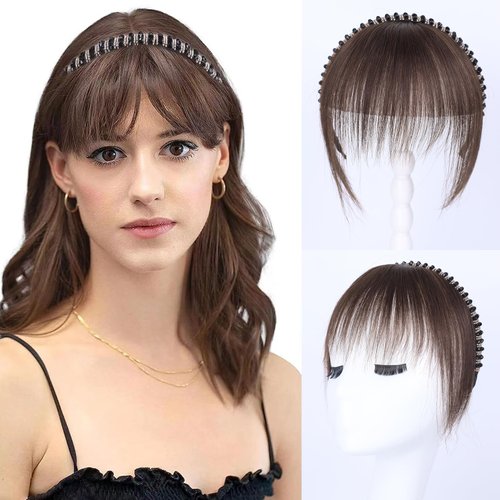 Yargel Hair Human Hair Clip in Bangs Wispy Bangs Fringe with Rhinestone Band Age reducing styling Hairpieces for Women Clip on Air Bangs Flat Neat Bangs Hair Extension for Daily Use (Brown)