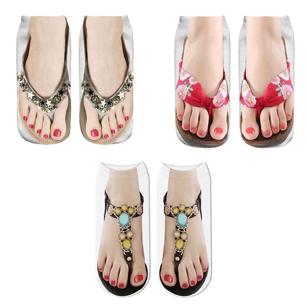3D Pattern Manicure Print Socks Flip Flop Funny Hidden Comfort Running Socks Women Personalized Low Cut Ankle