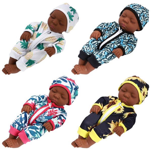 ONEST 5 Pieces 10 inch American African Baby Doll Set Include 1 Set 10 Inch Baby Doll and 4 Pieces Handmade Doll Clothes Realistic Black Baby Doll
