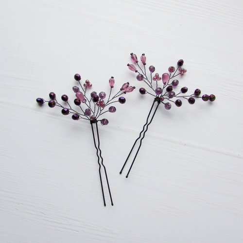 Kercisbeauty Purple Beaded Hair Pins for Wedding Bride Bridesmaid Bridal Violet Hair Piece Dancing Prom Accessory for Teen Girls Women Evening Party Pack of 3