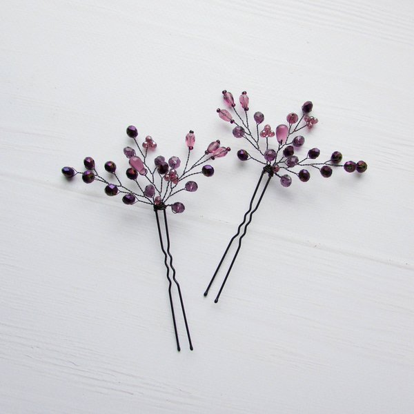 Kercisbeauty Purple Beaded Hair Pins for Wedding Bride Bridesmaid Bridal Violet Hair Piece Dancing Prom Accessory for Teen Girls Women Evening Party Pack of 3