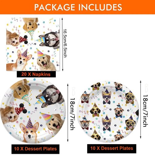 Dog Party Decorations ,20 Pcs Plates and 20 Pcs Napkins , Puppy Paw Print For Dog Birthday Party Tableware Favors,Severs 20