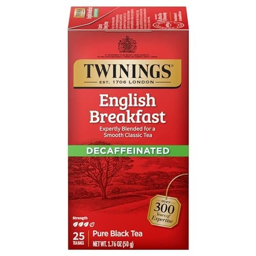 Twinings English Breakfast Individually Wrapped Tea Bags, 25 Count Pack of 6, Decaffeinated Black Tea, Flavourful, Robust