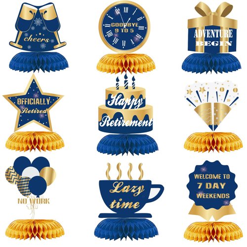 WINPOGEE 9Pcs Happy Retirement Decorations Table Honeycomb Centerpieces Party Supplies Blue Gold Retirement Adventure Awaits Sign for Men Retired Decor Goodbye Retirement Signs