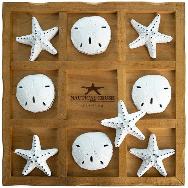 Starfish Tic Tac Toe Game - 9" x 9" - Beach Tic Tac Toe Game - Coastal Beach House Coffee Table Game Board - Tic Tac Toe Decor - Beach House Games - White Starfish & Sand Dollars
