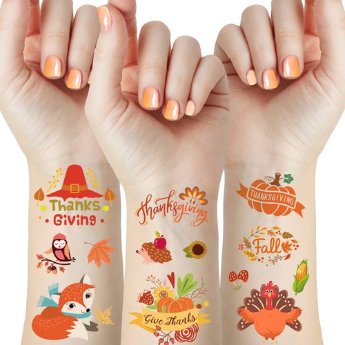 53 Piece Fall Thanksgiving Temporary Tattoos for Kids, 10 Sheets Fall Festival Party Favors Decorations, Autumn Turkey Day Pumpkin Leaves Animal Fall Games Stickers