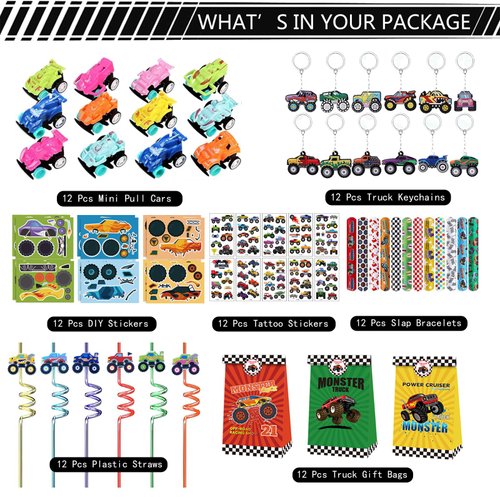 Weesdsio Monster Truck Party Favors Set, monster truck birthday decorations including 7 Types 84 Pcs Drinking Straws Gift Bags Mini Pull Cars Keychains DIY Stickers Temporary Tattoos Slap Bracelet