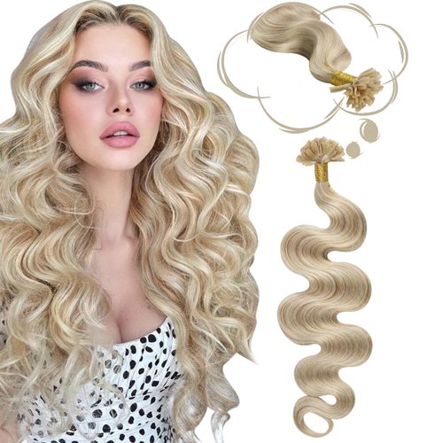 Moresoo Blonde U Tip Extensions Human Hair Ash Blonde Mixed Bleach Blonde Wavy Hair Extensions U Tip Human Hair 20 Inch Pre Bonded Hair Extensions Silky Soft 50G 50S