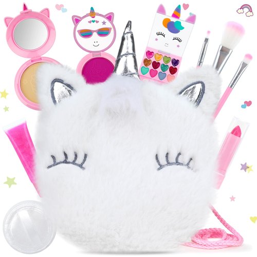 PERRYHOME Unicorn Cute Kids Makeup Set Washable Makeup Kit for Girl Gift with Mini Coin Purse - Real Cosmetic Non-Toxic Toddler Makeup Kit-Unicorn Toys for Girl - Birthday Unicorn Gift 3+（White）