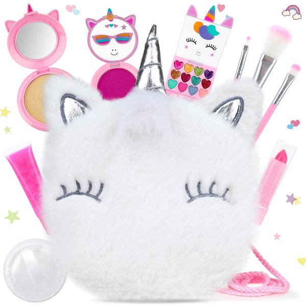 PERRYHOME Unicorn Cute Kids Makeup Set Washable Makeup Kit for Girl Gift with Mini Coin Purse - Real Cosmetic Non-Toxic Toddler Makeup Kit-Unicorn Toys for Girl - Birthday Unicorn Gift 3+（White）