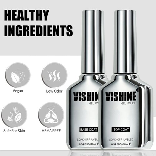 Vishine 2Pcs 0.54Oz Gel HEMA FREE Top Coat and Base Coat for Gel Nail Polish Color No Wipe Top Coat Brilliant Ultra High Gloss Long-lasting Anti-Wear Soak off UV Gel Home Manicure Nail Salon 16ml