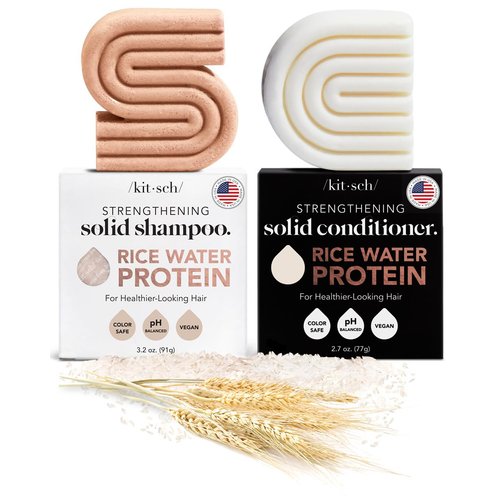 Kitsch Rice Bar Shampoo & Conditioner Set - Solid Shampoo & Conditioner Bar Set for Strengthening Hair - Rice Water Shampoo Bar & Conditioner Soap - Paraben-Free, Made in USA, 2pcs