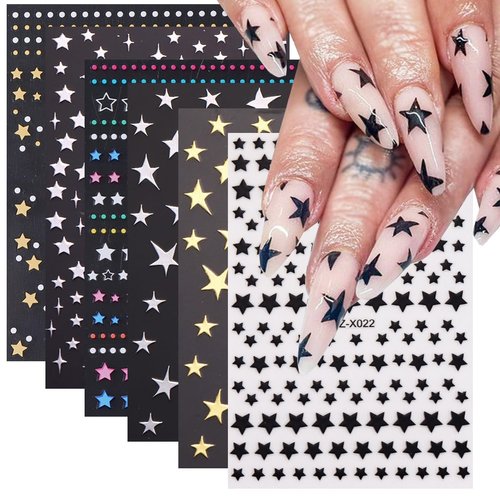 6 Sheets Star Nail Art Stickers Decals 3D Stars Self-Adhesive Nail Art Supplies Shiny Glitters Starlight Pentagram Nail Art Design for Women Girls Fashion Nail Foil Decal Manicure Decoration