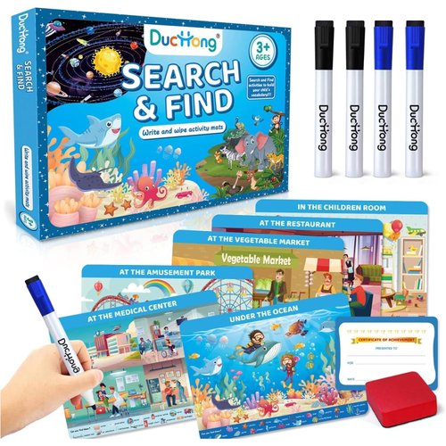 Search and Find Book for Kids Ages 4-6,3-8, Preschool Learning Toys with 4 Dry Erase Markers 12 Themes Activity Mats, Educational Toys Gifts for Girls and Boys Ages 3 4 5 6