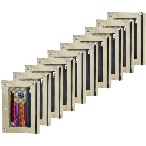 MRATA pencil pouch 3 rings binder 10 pack with clear window for storing school supplies（khaki）