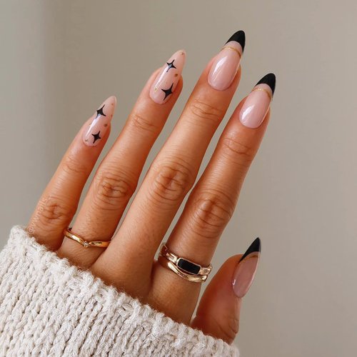 Vaveah 24 Pcs Press on Nails Medium, Acrylic Stiletto Fake Nails with Stars, False Nails with Nail Glue on Nails for Women (Black French and Stars)