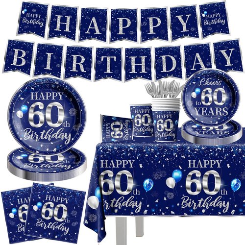 142 Pcs 60th Birthday Tableware Set Decorations Sliver and Blue 60th Happy Birthday Party Supplies for Men Women Birthday Tablecloth,Plates, Napkins, Cups,Forks and Knives