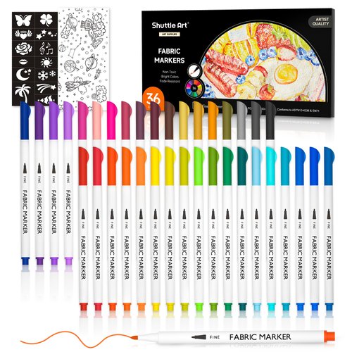 Shuttle Art 36 Colors Fabric Markers, Fabric Markers Permanent Markers for T-Shirts Clothes Sneakers Jeans with 11 Stencils 1 Fabric Sheet, Permanent Fabric Pens for Kids Adult Painting Writing