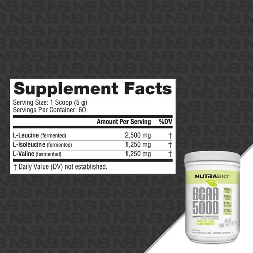 NutraBio BCAA 5000 Powder - Fermented Branched Chain Amino Acids for Muscle Growth & Recovery - Natural Flavors, Sweeteners, and Coloring, Vegan, Gluten Free - Unflavored, 60 Servings