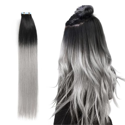 Rinboool Tape in Hair Extensions, Real Natural Remy Human Hair, Seamless Straight Pu Skin Weft, 18 Inch 40 Gram 20 Pieces, Ombre Black to Silver Grey