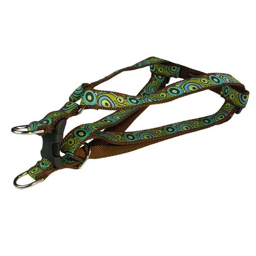 Medium Green Circles and Waves Dog Harness: 3/4" Wide, Adjusts 18-24" - Made in USA.