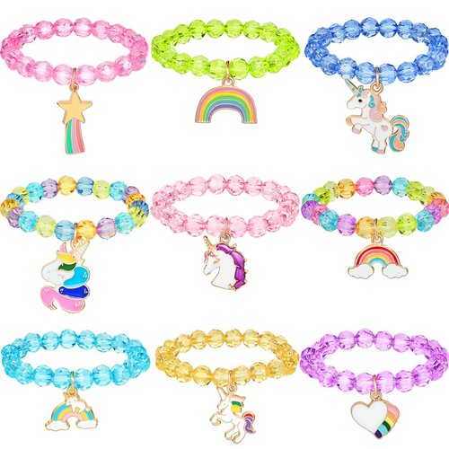 Hicarer 9 Pieces Colorful Unicorn Bracelet Girls Unicorn Bracelets Rainbow Unicorn Beaded Bracelet for Birthday Party Favors (Crystal Style)