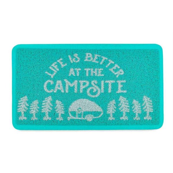 Camco Life is Better at The Campsite Scrub Rug | Ideal for Homes, Outdoors, Under Pet Bowls and More | Easy to Clean | Teal/White, Small (53199)