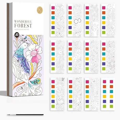 Pocket Watercolor Painting Book,Watercolor Paint Book for Kids,Improve Creativity Portable Pocket Watercolor Bookmarks with Brush for Artist, Beginning, Students Painters (Wonderful Forest)