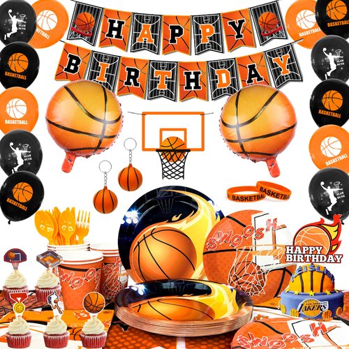 Basketball Birthday Decorations,160pcs Basketball Party Decorations&Tableware Set-Basketball Plates Napkins Table Cloth Balloon Wristband Keychain etc Basketball Birthday Party Supplies for Boys Kids