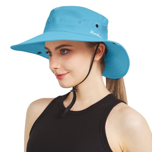 NPJY Ponytail Sun Hat for Men Women 3” Wide Brim UPF 50+ Fishing & Bucket & Beach Hats SkyBlue