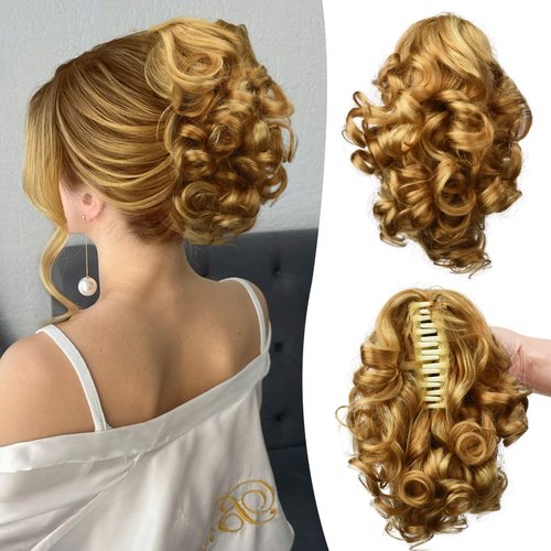 POWERASIA Claw Clip Ponytail Extension Human Hair Soft Natural Pony Tails Hair Extensions Short Curly Real Hair Jaw Clip on Ponytails for Women #18P613