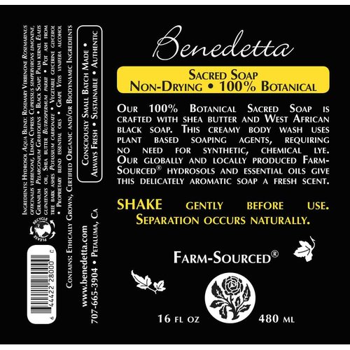 Benedetta Natural Sacred Soap - Lye-Free Body Wash, Cleanser, & Moisturizing Bath Gel Made with Fair-Trade Shea Butter & West African Black Soap for Dry & Sensitive Skin – 16 fl oz Fresh Scent
