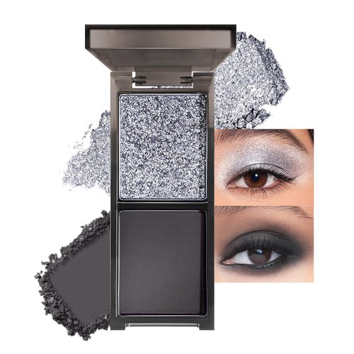 Two Color Matte Shimmer Eyeshadow, Gray Black Double Pigment Eye Shadow Powder, Long-Lasting Waterproof Makeup Palette,Blendable, Easy-To-Apply and Compact for Travel Vegan, Cruelty-free，0.14 Oz ,01#