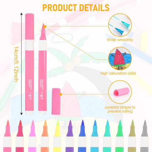 Marte Vanci Face Painting Marker, 12 Colors Face Paint Set Washable Acrylic Paint Pens Temporary Tattoo Markers for Skin Brush Tip Art Pen for Body Halloween Christmas Gift