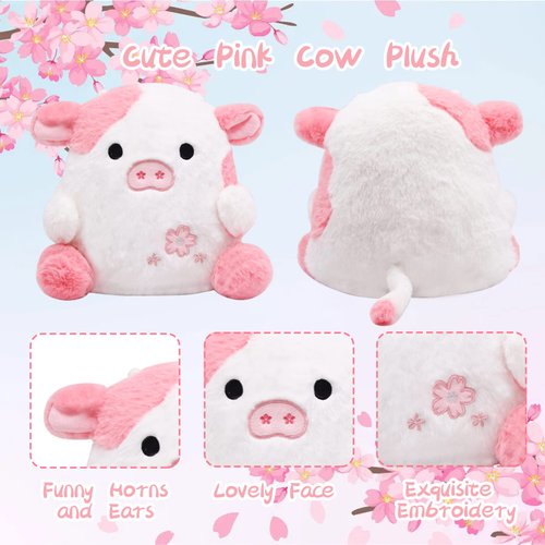 LMTGLDT Pink Cow Plush Doll, Kawaii Cow Stuffed Animals Sakura Plush Cow Hugging Cow Pillow, Cute Pink Cow Plushie Toy for Kids Girls Boys Birthday Gifts