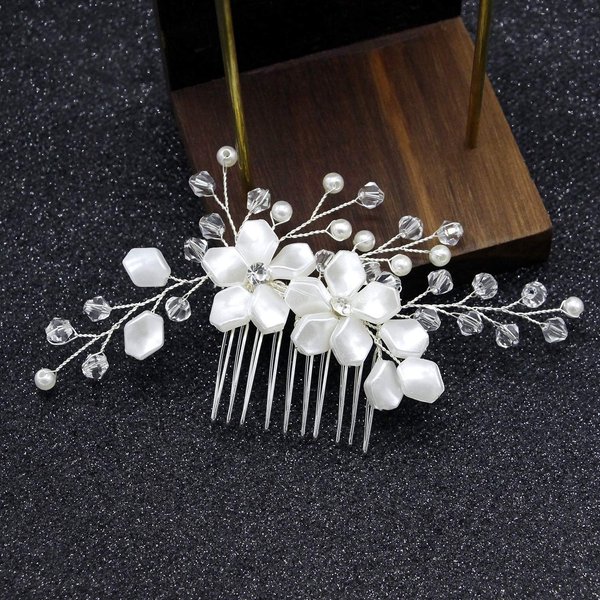 Bridal Wedding Crystal Hair Comb, Handmade White Flower Rhinestone Hair Clips Bridal Headpiece Sparkly Crystal Hair Pin Side Combs Hair Accessorie for Women Girls