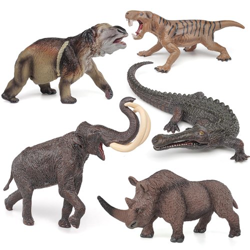 Fantarea Prehistoric Ancient Animal Model Figures Playset 5 PCS Mammoth Woolly Rhino Crocodile Figurines Party Favors Supplies Cake Toppers Decoration Collection Toys for Boys Girls Kid Toddlers