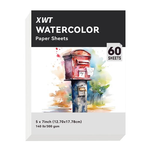 XWT 60 Sheets Watercolor Paper Bulk, 5x7in 140lb/300gsm Cold Pressed Water Color Paper, Acid Free Natural White Textured Watercolor Art Paper, Drawing Painting Supplies for Artists, Students, Kids