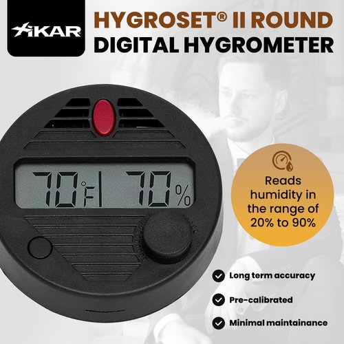 HygroSet II Round Digital Hygrometer for Humidors, 10-Second Refresh Rate, Battery Included, 2% Humidity and 1% Temperature Accuracy for Cigar Humidors