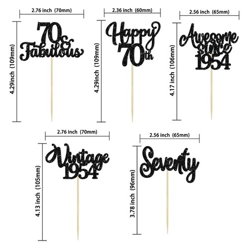 30Pcs Happy 70th Birthday Cupcake Toppers Glitter Seventy Vintage 1954 Cupcake Picks Cheers to 70 Fabulous Cake Decorations for 70th Birthday Wedding Anniversary Party Supplies Black