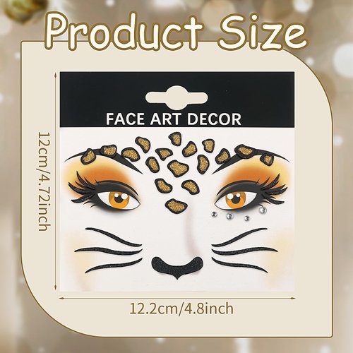 2PCS Leopard Face Tattoo Sticker Glitter Sparkling Cheetah Face Art Stickers Self-adhesive Animal Temporary Tattoo Face Body Jewel Sticker Makeup Decoration for Christmas Halloween Party Supplies