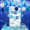 Blue Happy Birthday Party Decorations for Men Boys, Pre-Strung Happy Birthday Sign Banner, Blue Balloons, Fringe Curtain, Tissue Paper Pom Poms, Star Garland, Hanging Swirls for Birthday Party