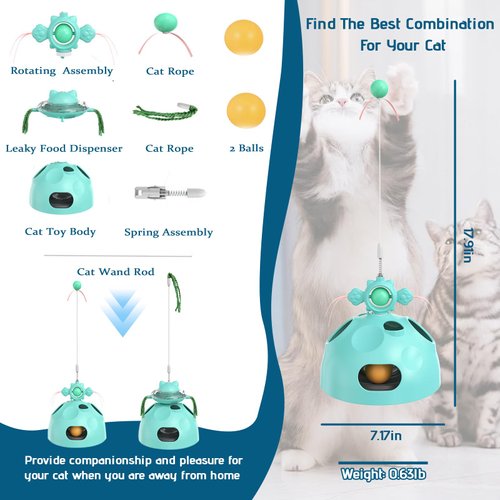 Interactive Cat Toys for Indoor Cats,4 In 1 Cat Treat Puzzle Interactive Slow Feeder Cat Wand Dancer Rolling Treat Ball Maze,Cat Treat Dispenser Toy,Cat Toys for Indoor Cats Gift For Kitten Adult Cat