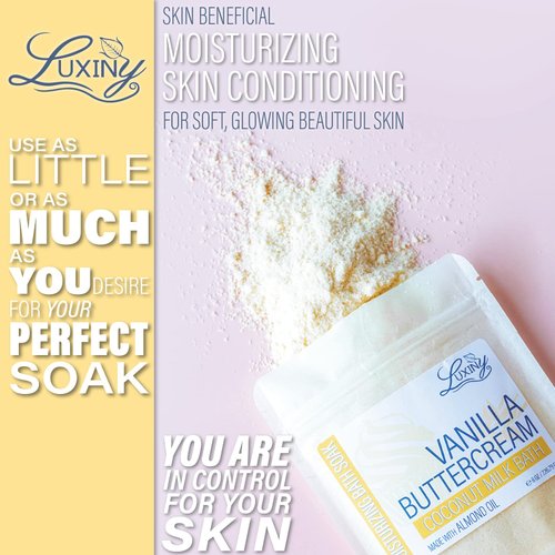 Luxiny Vegan Milk Bath Soak Made with Moisturizing Coconut Milk Powder & Sweet Almond Oil for a Bath Bomb Dust Soothing Fizz & Relaxing Soak, 8 oz. (Vanilla Buttercream)