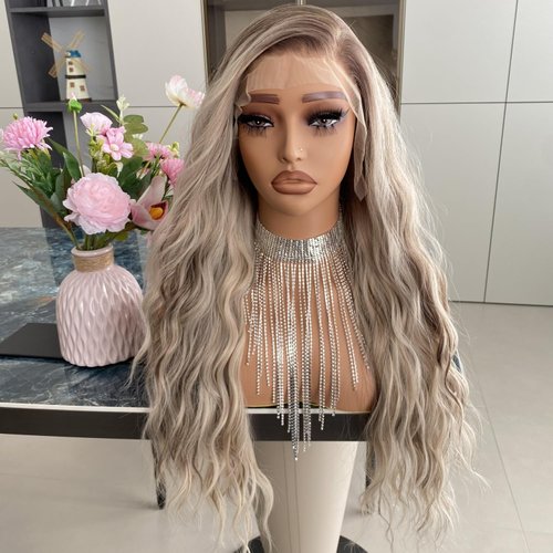Carkira Ash Blonde Wigs with Brown Highlight 13x6 Lace Front Wig Long Loose Body Wave Free Style Pre Plucked Synthetic Fiber Hair 22Inch for Women