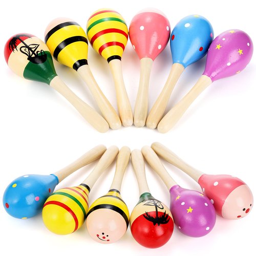 Hedume 12 Pack Wooden Festival Maracas, 8" Carnival Party Decoration Maracas, Shaker Sand Hammer Toy Noisemaker for Party Favors, Musical Fun, Birthday Parties, Carnivals
