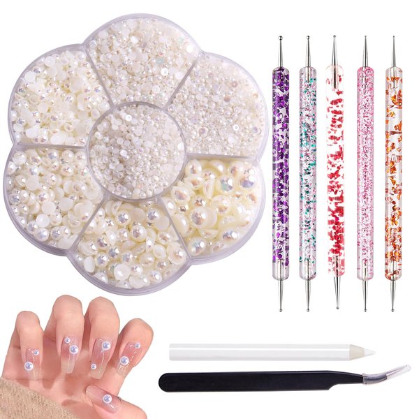 Face Gems- White Rhinestones, 5606PCS Nail Art Flat Back Half Round Pearl Crafts, and DIY Projects - Perfect for Home DIY Nails Body Face Craft and Salon Use. (Off-White)…